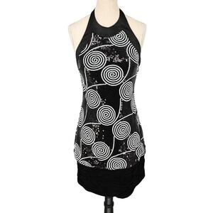 Cache Dress Womens 2 Black White Sequin Halter Fitted Short Ruched Hem Zip New